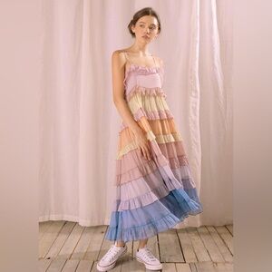 Storia Multicolor Polka Dot Print Colorblock Tiered Midi Dress Size Small